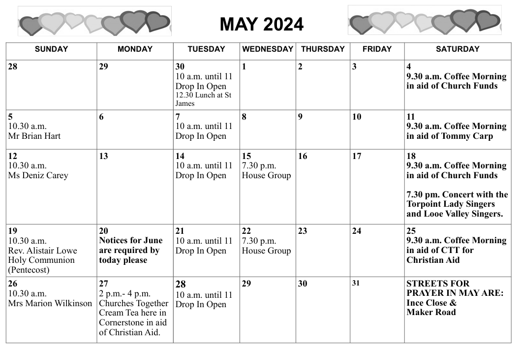 Calendar for month